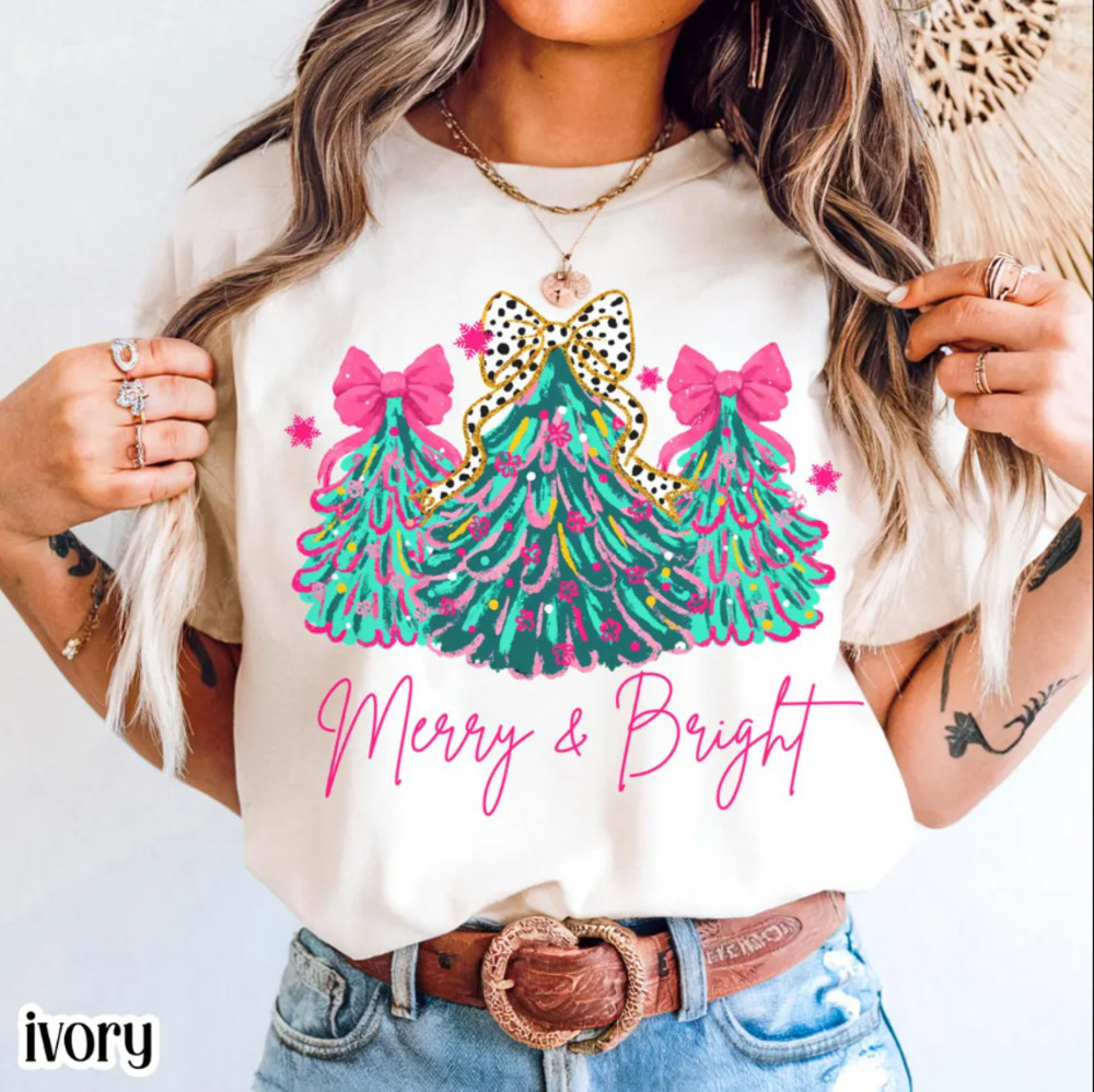 Christmas Comfort Colors Tee, Merry & Bright Xmas Tree Tee Pink Holiday Festive